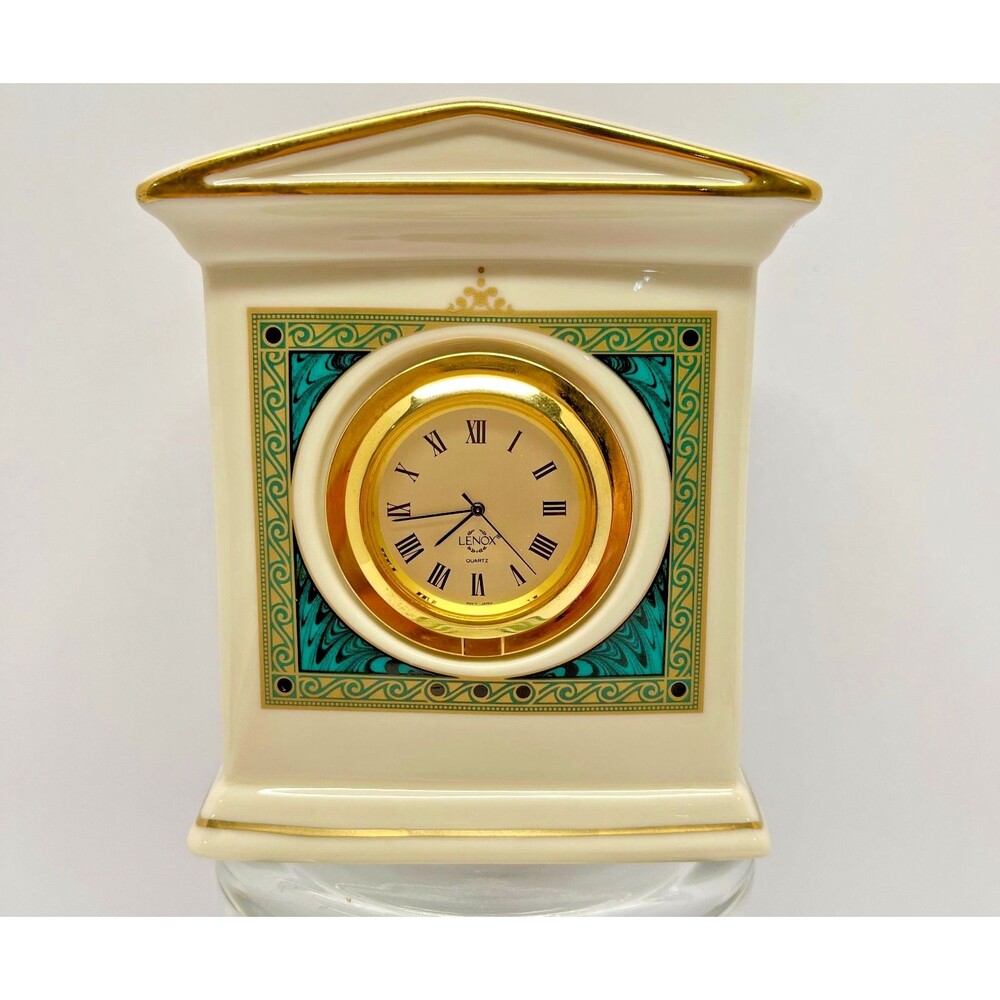 Vintage Lenox Porcelain Quartz Desk Clock–Ivory & Gold with Teal Art Deco Pane